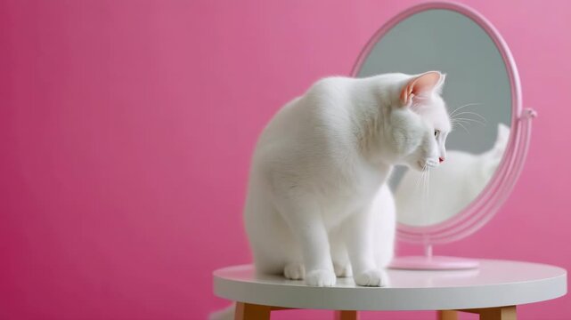 Curious white cat exploring reflection in mirror on pink background