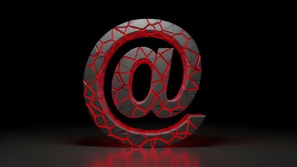 Red fractured polygon mesh at symbol on black background email symbol