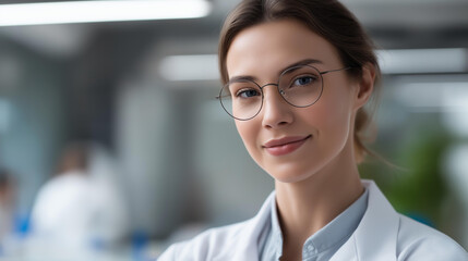 Fototapeta premium Faceless attractive female scientist wearing lab coat and eyeglasses looking at camera in modern laboratory, confident professional woman standing in workplace, defocused face, with copy space