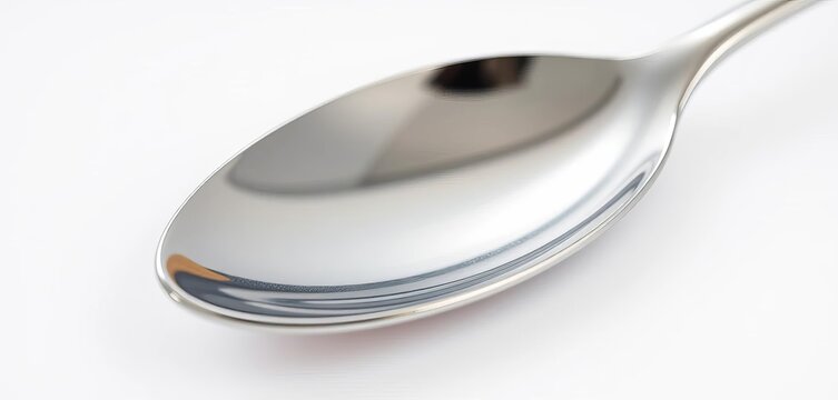 Close-up of a shiny metallic spoon on a white background,  white background,  bowl