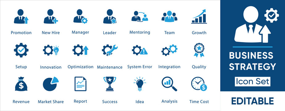 Business strategy icon set. Containing management, growth, innovation, leadership, team, revenue, market share, success and more. Solid vector icons collection.