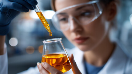 Faceless glass beaker pipette and woman scientist in laboratory for medical study research or experiment, goggles dropper and professional female person with chemical liquid for pharmaceutical