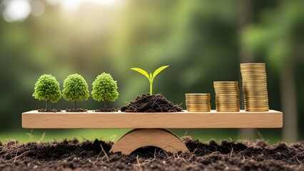 Environmental sustainability and financial balance concept. ESG investing and green growth. Small trees and gold coin stacks balancing on a wooden seesaw in a garden setting.