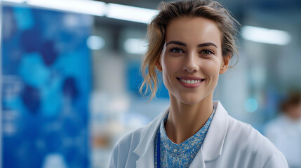 Faceless focused confident and generous female technician worker smiling and looking towards camera, business poster scientist technician expert programmer woman lab background wallpaper,