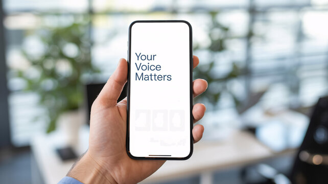 Hand holding smartphone displaying "Your Voice Matters" text on screen in blurred modern office environment concept