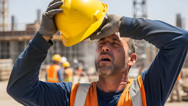 Exhausted construction worker wiping sweat from his brow with a hard hat on a hot, sunny day at a building site.