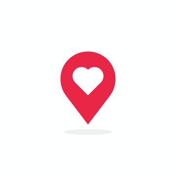 Red heart shape map pin icon for love and romance. Vector location marker symbol for dating apps, wedding invitations, and Valentine's Day navigation. Isolated flat design