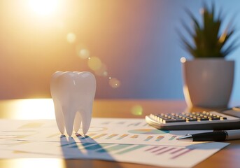 Macro view of a ceramic molar on business charts, representing healthcare finance, dental costs, insurance planning, medical investment, and economic health data