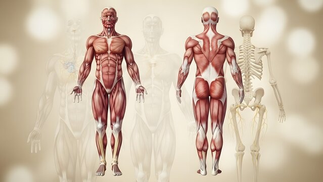 Human anatomy muscles and skeleton system medical illustration. Biology education and healthcare study. Anatomical male figures showing muscular structure front and back views