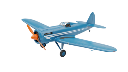 Blue Vintage Propeller Airplane Model with Orange Propeller Isolated on White