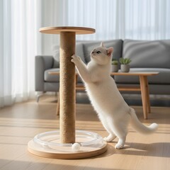 Playful white cat scratching a sisal rope scratching post in a modern sunlit living room with toy base