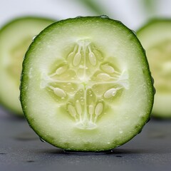Fresh cucumber slice in macro view, showing vibrant green skin, crisp texture, seeds, and sparkling water droplets. Ideal for healthy eating and natural freshness.