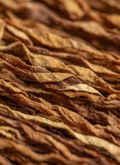 Macro close-up of textured dried food strips with visible sugar crystals. Golden brown wavy snack strands.