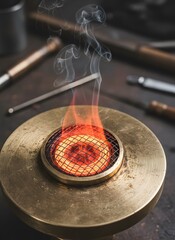 Brass Incense Burner with Glowing Red Hot Coil and Rising Smoke