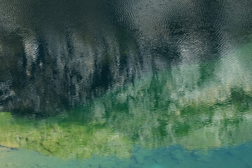 The colors and details on the water's surface as the wind blows, reflecting the limestone mountain. 
Blue Lagoon (emerald-blue pond)  in  Phu Pha Man ,Khon Kaen proviince ,THAILAND