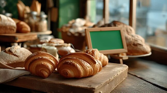 Inviting rustic bakery table setup showcasing freshly baked golden croissants and artisan bread, creating a warm and delicious morning atmosphere