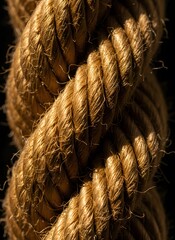 Close-up Macro Shot of Thick Golden Brown Natural Fiber Rope, Highlighting Intricate Texture and Interwoven Strands on a Dark Background