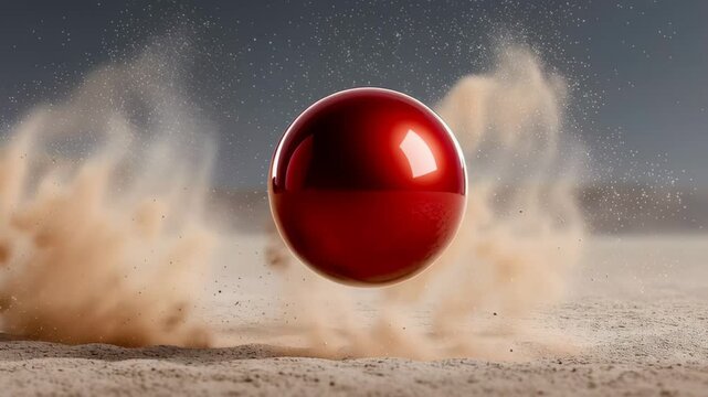 Red spherical object levitating above sandy surface, creating a dynamic cloud of dust and particles, showcasing motion and interaction with the environment in a visually striking manner