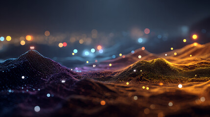 Vibrant digital landscape with glowing data points and futuristic terrain