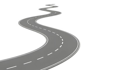 Winding gray asphalt road with white dashed lines on a plain white background winding road curved road