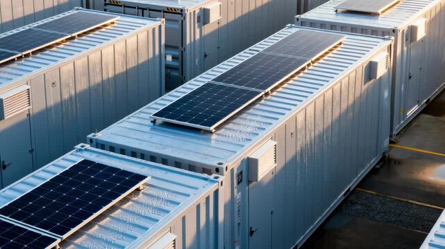 Medium shot capturing solarpowered cold storage containers in an industrial area emphasizing ecofriendly refrigeration technology for temporary storage needs.