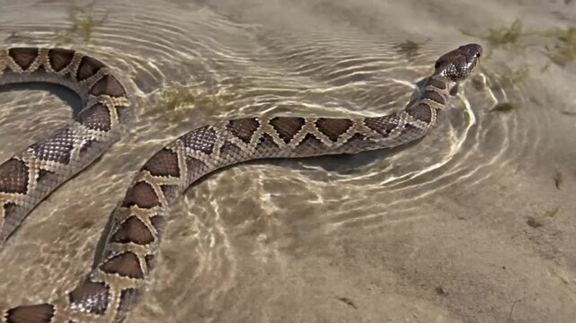 Diamondback Rattlesnake swimming in shallow, sunlit water with rippling surface patterns on a sandy ocean floor