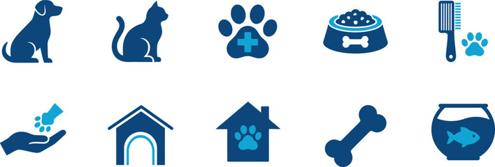 Obraz na płótnie Canvas Set of pet care icons including dog, cat, and fish symbols