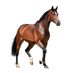 Obraz premium A brown horse with a black mane and tail is running on a transparent background