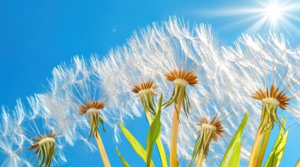 Fototapeta premium Beautiful Dandelion Seeds Against Vibrant Blue Sky and Sunlight