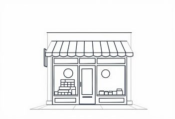 Simple line drawing of a storefront building with a sign, indicating a shop, minimal, line