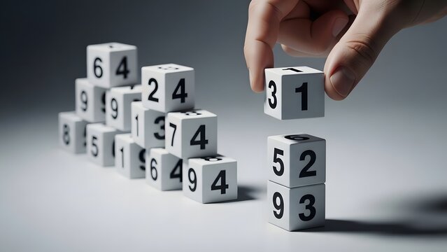 Data analysis and mathematical logic. Problem solving and strategy. Hand choosing a numbered white cube from a stacked pyramid of blocks with black digits