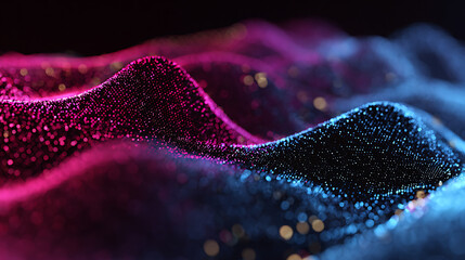 Vibrant digital wave pattern with pink and blue particles
