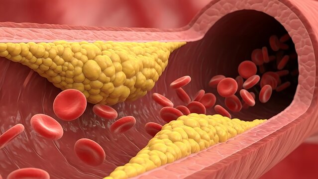 Illustration depicting dangerous buildup of yellow fatty cholesterol plaque deposits severely narrowing the arterial blood vessel lumen restricting red blood cell flow