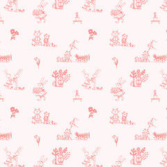 Pattern con graziosi conigli e gatti rosa, illustrazione su sfondo rosa chiaro