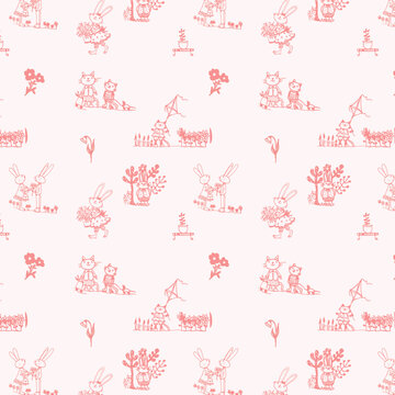 Pattern con graziosi conigli e gatti rosa, illustrazione su sfondo rosa chiaro