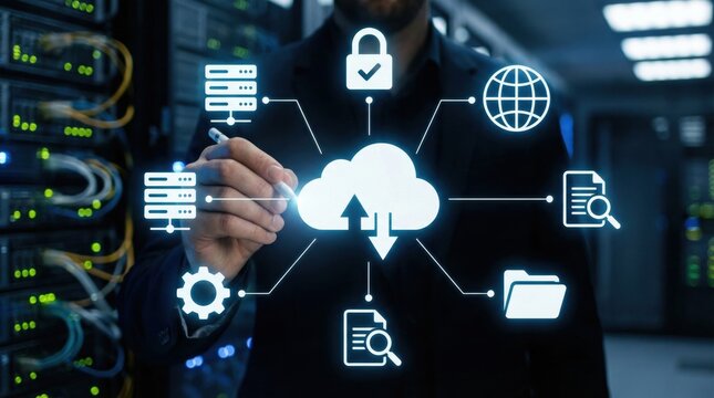 Cloud computing interface with data security,servers,network connection and digital storage icons,depicting IT infrastructure and modern technology solutions - Powered by Adobe