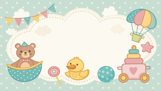Adorable baby shower invitation with teddy bear, duck, and toys - Powered by Adobe
