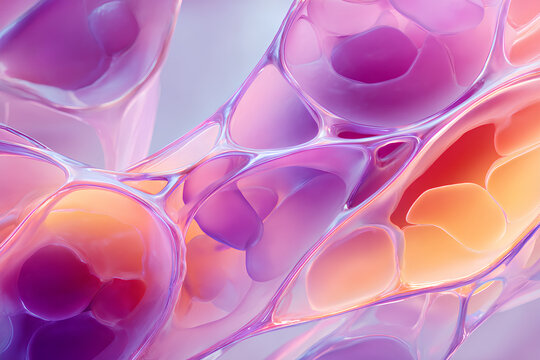 Abstract Cell Biology Background with Biomorphic Structures and Soft Gradient Layers in Warm Purple Pink and Orange Tones  
