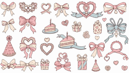 Collection of Hand Drawn Bows Gifts and Party Hats.