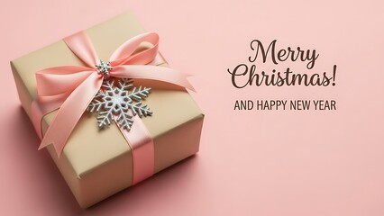 Elegant beige holiday gift box tied with a soft pink satin ribbon and a sparkling silver snowflake ornament featuring warm festive greetings against a subtle pastel background perfect for seasonal pro