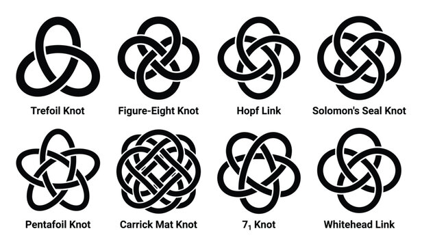 Collection of eight different knot diagrams. Includes trefoil, figure-eight, hopf link, solomon's seal, pentafoil, carrick