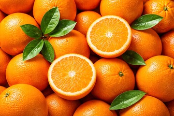 Fresh oranges with green leaves and sliced oranges
