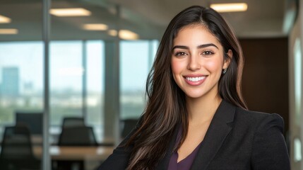 Naklejka premium Confident Businesswoman Smiling in Modern Office Setting
