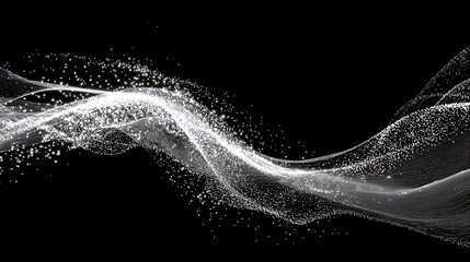 Dynamic white particles flowing in a wavy pattern on black background