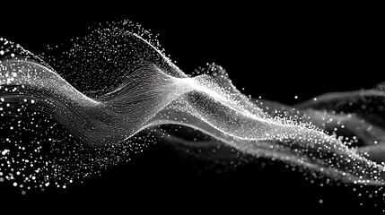 Dynamic white particles flowing in wave pattern on black background
