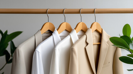 Capsule Wardrobe of Neutral-Toned Shirts, Trousers, and Blazer in Open Minimalist Closet, Representing Intentional Living.
