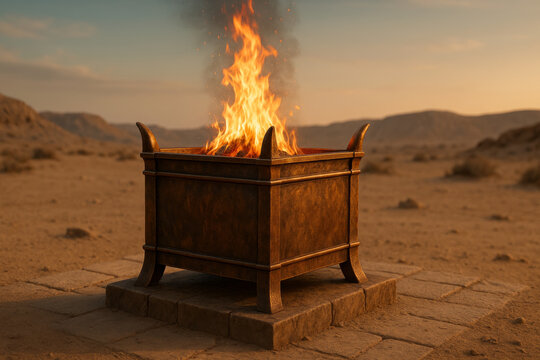 Brazen altar standing in the desert wilderness as described in the Old Testament, used for burnt offerings before the tabernacle.
