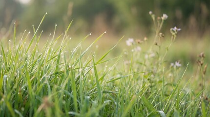 Vibrant green grass blades sparkling with tiny dew drops in the soft golden light of early morning creating a serene and fresh natural landscape with a blurred background