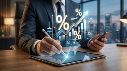 Financial analyst using digital tablet for investment growth,interest rate trends,percentage increase with bar chart and data visualization in corporate business environment