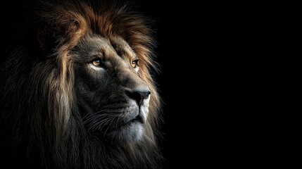Obraz premium Majestic Male Lion Side Profile with Dramatic Lighting Black Background